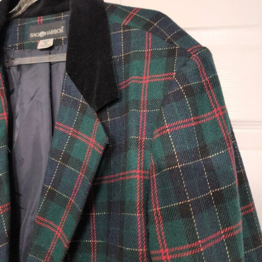 Vintage Sag Harbor Plaid Metallic Blazer Womens Size 18 Green Wool Blend Jacket